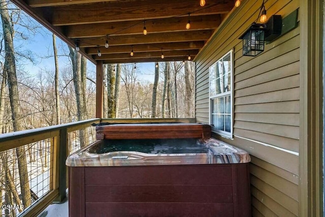 view of patio featuring a hot tub