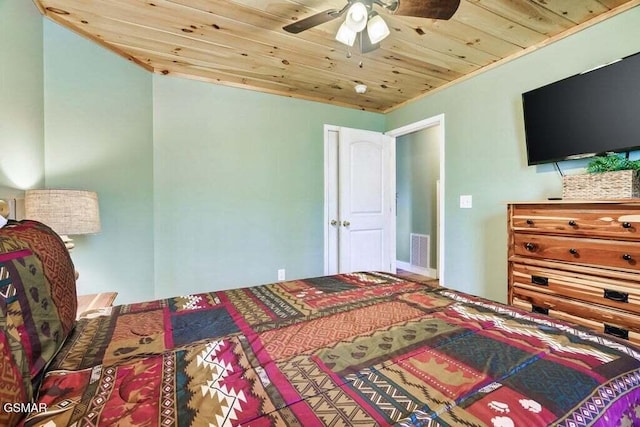 bedroom featuring ceiling fan and wooden ceiling