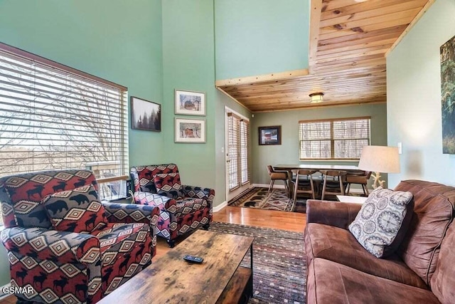 living room with wooden ceiling and hardwood / wood-style flooring