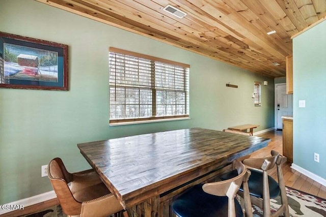 dining area featuring hardwood / wood-style floors and wooden ceiling