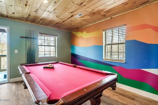 playroom featuring wood-type flooring, wood ceiling, ornamental molding, and pool table