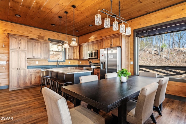 1852 Mountain Ash Way, Sevierville, TN 37876 - dining room with dark wood-type flooring, wooden ceiling, and wooden walls