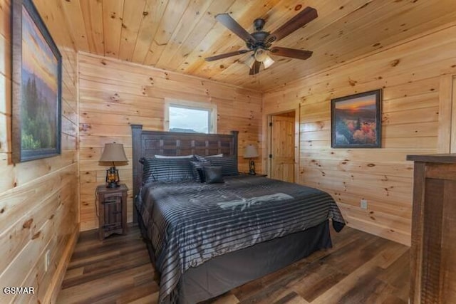 bedroom featuring wood-type flooring, ceiling fan, wooden ceiling, and wood walls