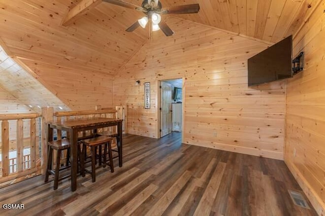 dining area featuring dark hardwood / wood-style flooring, ceiling fan, wood walls, and wood ceiling