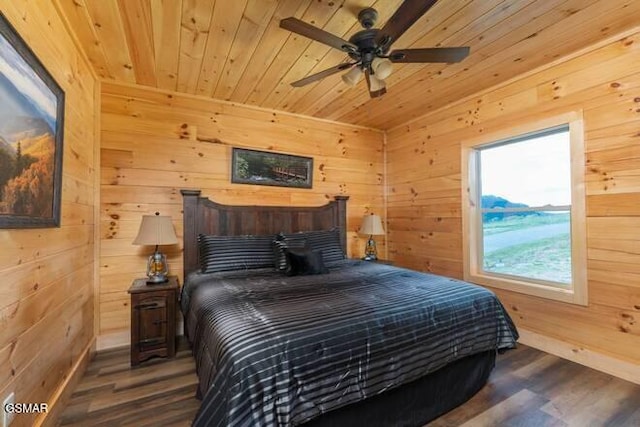 bedroom with wood walls, dark hardwood / wood-style flooring, and wooden ceiling