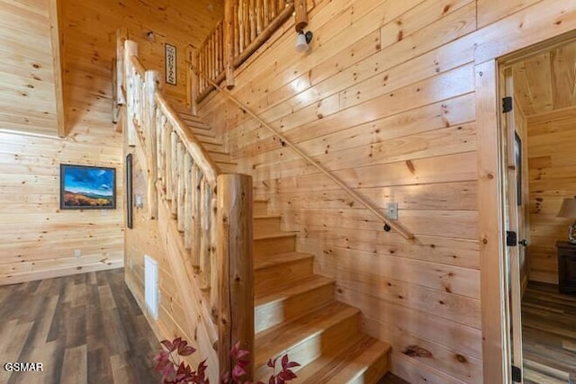 staircase featuring hardwood / wood-style flooring, wooden walls, and wood ceiling