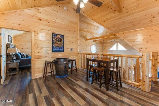 dining room featuring ceiling fan, wooden ceiling, vaulted ceiling with beams, dark hardwood / wood-style floors, and wooden walls