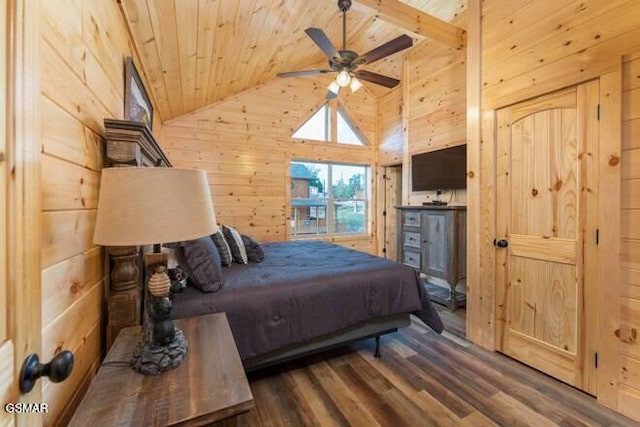 bedroom with dark hardwood / wood-style flooring, wood ceiling, ceiling fan, wooden walls, and high vaulted ceiling