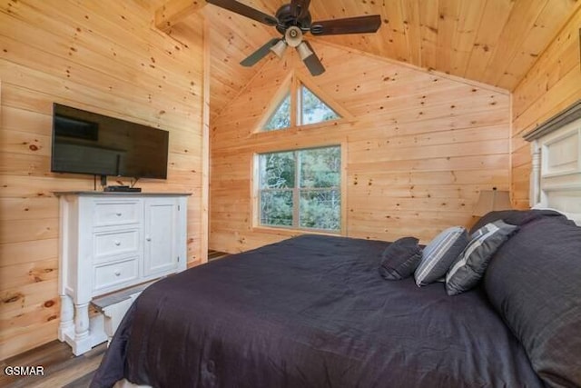 bedroom with ceiling fan, wood walls, wood ceiling, and high vaulted ceiling