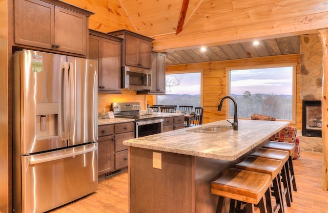 kitchen with wood walls, a center island with sink, sink, wood ceiling, and stainless steel appliances