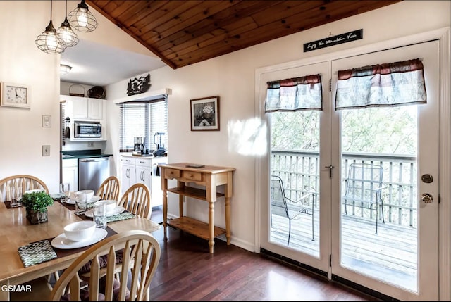 dining area with dark hardwood / wood-style flooring, lofted ceiling, and wood ceiling