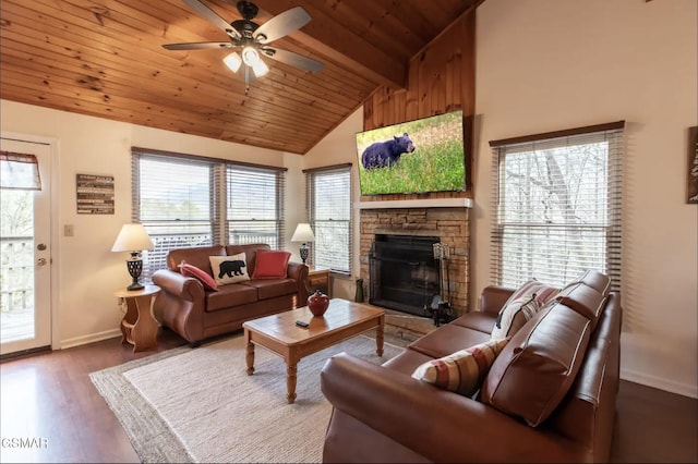 living room with ceiling fan, wood-type flooring, wooden ceiling, vaulted ceiling with beams, and a stone fireplace