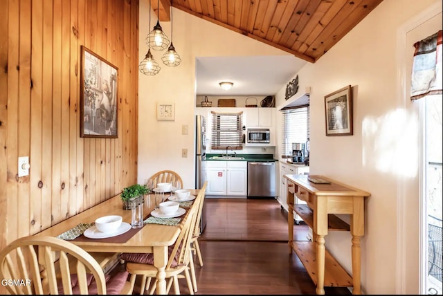 kitchen with stainless steel appliances, sink, pendant lighting, lofted ceiling, and wood walls