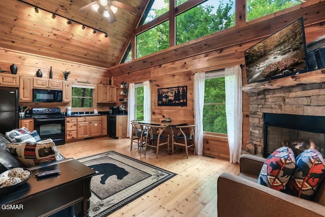 1502 Sky View Dr, Sevierville, TN 37876 - living room featuring high vaulted ceiling, light wood-type flooring, ceiling fan, wood ceiling, and wood walls