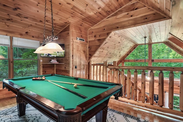 1502 Sky View Dr, Sevierville, TN 37876 - game room featuring lofted ceiling, hardwood / wood-style floors, wood walls, wood ceiling, and billiards