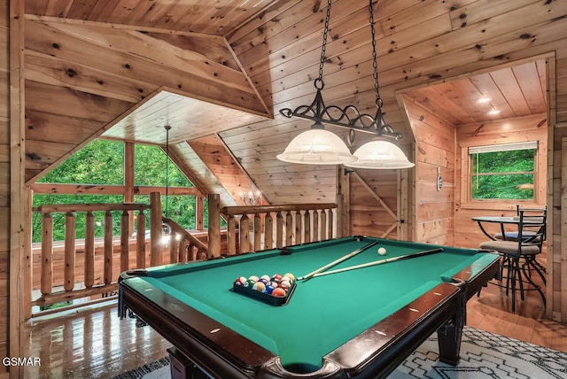 1502 Sky View Dr, Sevierville, TN 37876 - game room featuring wood ceiling, vaulted ceiling, hardwood / wood-style flooring, billiards, and wood walls