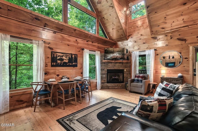 1502 Sky View Dr, Sevierville, TN 37876 - living room with wood-type flooring, wooden walls, high vaulted ceiling, a stone fireplace, and wooden ceiling