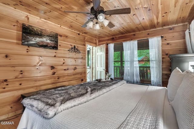 1502 Sky View Dr, Sevierville, TN 37876 - bedroom featuring wood walls, wooden ceiling, and a ceiling fan