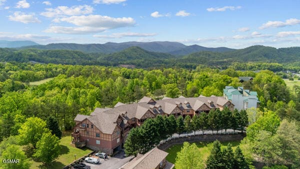 aerial view featuring a forest view and a mountain view