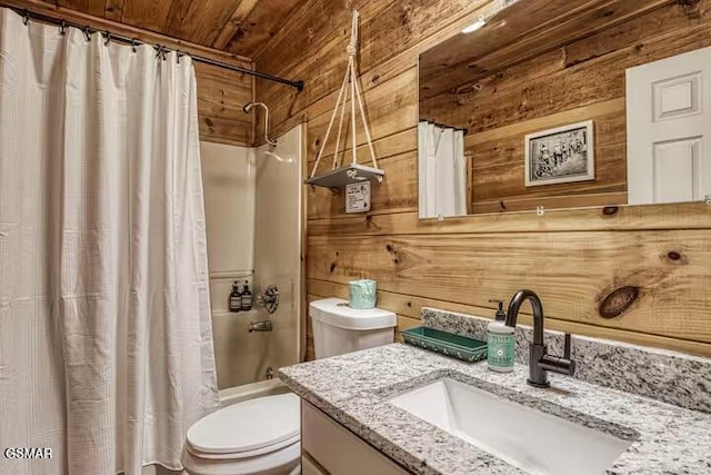3933 Glenview Way, Sevierville, TN 37862 - full bath featuring toilet, wooden walls, vanity, wood ceiling, and shower / bath combo with shower curtain