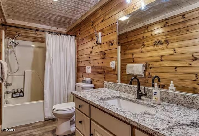 3933 Glenview Way, Sevierville, TN 37862 - full bathroom with vanity, wood finished floors, toilet, shower / bathtub combination with curtain, and wooden ceiling