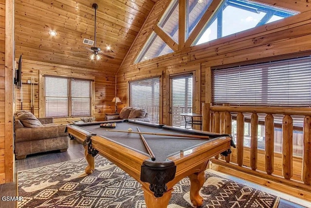 rec room featuring billiards, wood walls, high vaulted ceiling, wooden ceiling, and hardwood / wood-style flooring