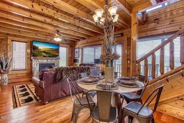 dining area featuring light hardwood / wood-style flooring, beam ceiling, a fireplace, wooden ceiling, and wood walls