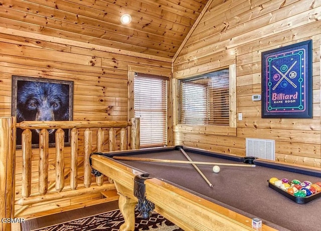 game room with lofted ceiling, pool table, wooden ceiling, and wood walls