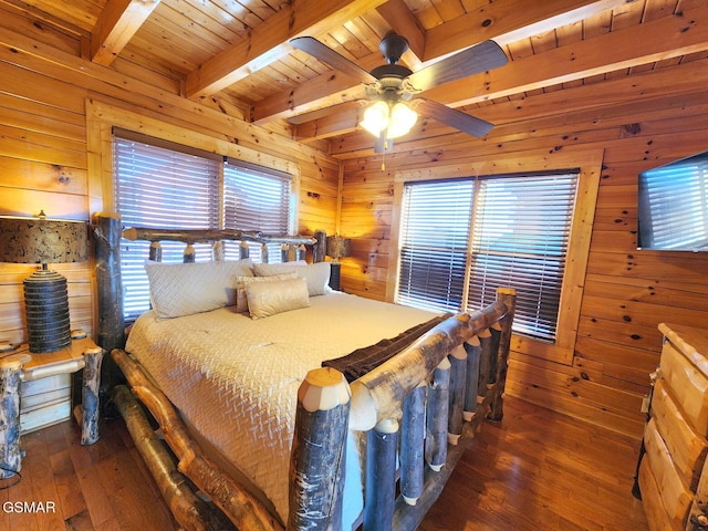 bedroom featuring beam ceiling, dark hardwood / wood-style floors, ceiling fan, and wood walls