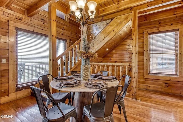 dining area featuring plenty of natural light, wooden walls, a chandelier, and hardwood / wood-style floors