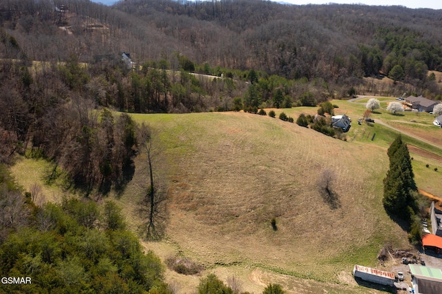drone / aerial view with a wooded view
