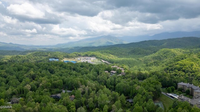 drone / aerial view featuring a view of trees and a mountain view