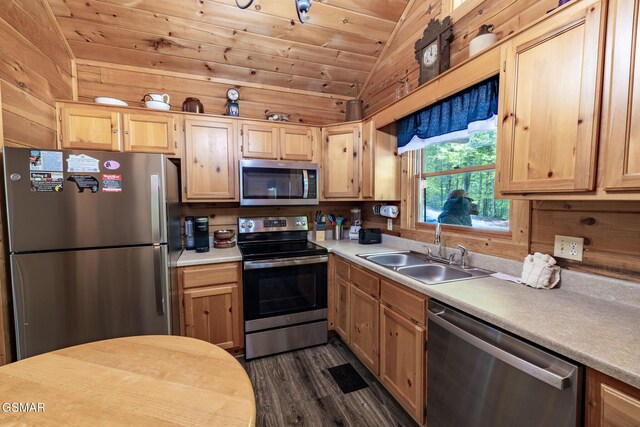kitchen featuring appliances with stainless steel finishes, a sink, light countertops, wooden ceiling, and lofted ceiling