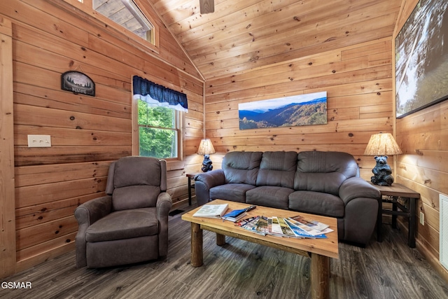 living area with wooden ceiling, vaulted ceiling, wood walls, and wood finished floors