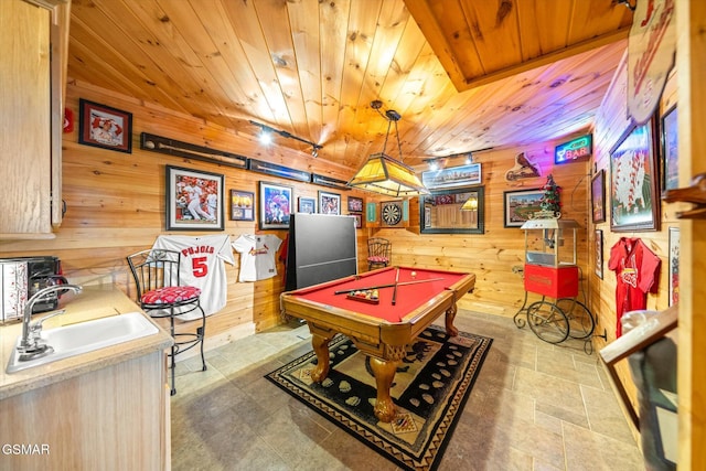 rec room featuring wooden walls, a sink, wooden ceiling, and billiards table