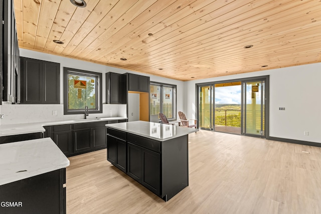 1409 Reedmont Way, Sevierville, TN 37876 - kitchen with dark cabinetry, wood ceiling, light wood-style flooring, and a center island