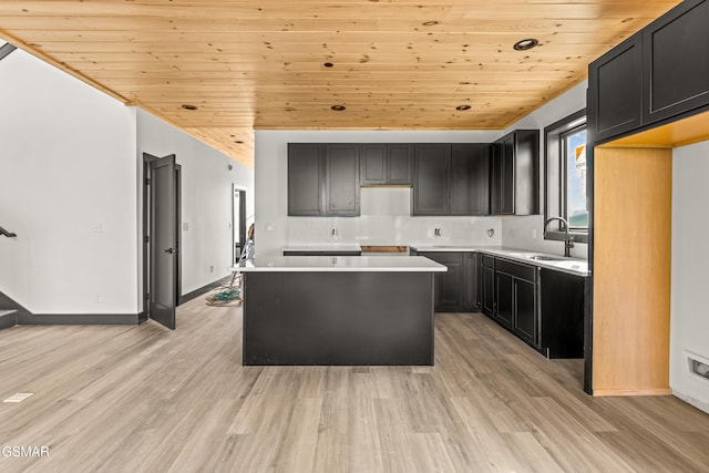 1409 Reedmont Way, Sevierville, TN 37876 - kitchen with wood ceiling, a kitchen island, light wood-style floors, and dark cabinetry