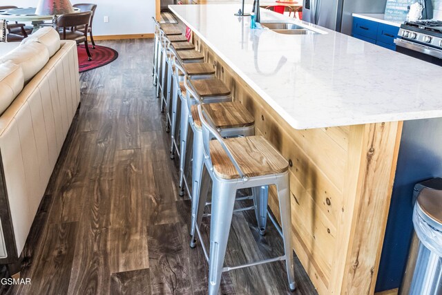 kitchen featuring a kitchen bar, dark hardwood / wood-style floors, a large island, and sink