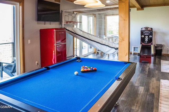 recreation room with dark hardwood / wood-style flooring, lofted ceiling with beams, pool table, and wood ceiling