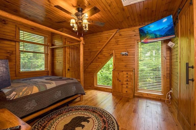 bedroom featuring wood walls, ceiling fan, wooden ceiling, and light wood-type flooring