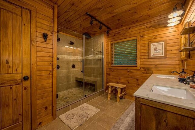 bathroom featuring vanity, wooden walls, a shower with door, and rail lighting