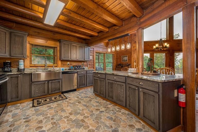 kitchen featuring stainless steel dishwasher, light stone countertops, wooden ceiling, and a chandelier