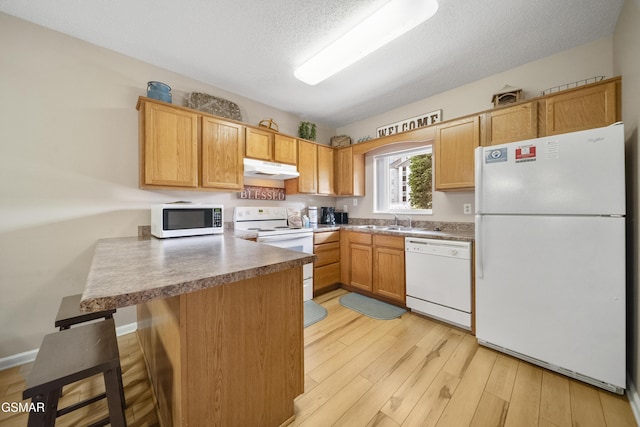 205 Ogle Dr Unit 614, Pigeon Forge, TN 37863 - kitchen with white appliances, a peninsula, under cabinet range hood, a sink, and light wood-type flooring
