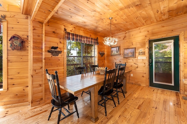 dining room featuring a healthy amount of sunlight, light wood-style floors, wood ceiling, and wooden walls