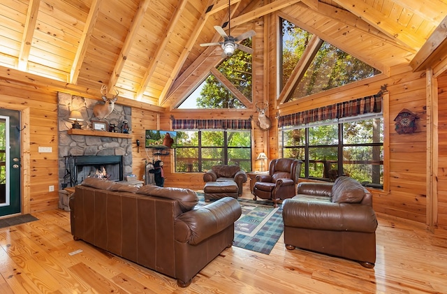 living area featuring beam ceiling, wood ceiling, and wooden walls