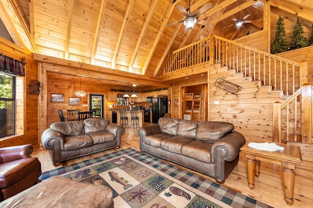 living area with stairway, wood walls, wood finished floors, and wood ceiling