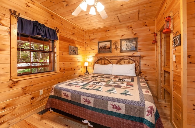 bedroom with wood ceiling, wood walls, and wood finished floors