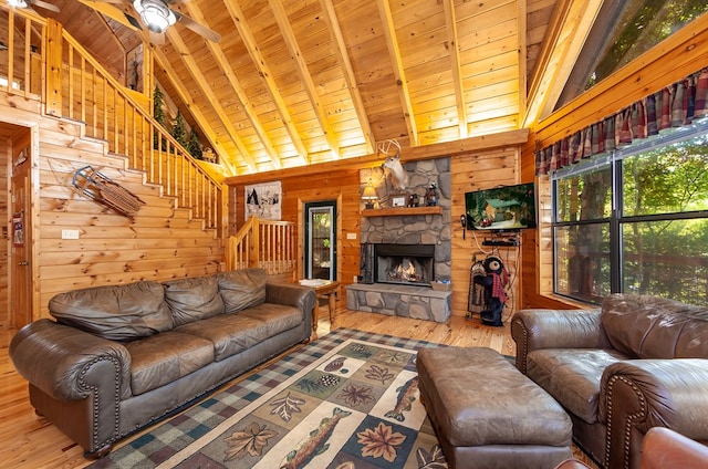 living room with beamed ceiling, wood walls, and wooden ceiling