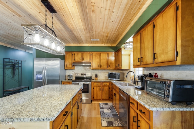 4323 Boogertown Rd, Sevierville, TN 37876 - kitchen featuring a sink, brown cabinets, under cabinet range hood, wood ceiling, and appliances with stainless steel finishes