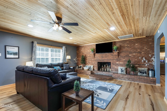 4323 Boogertown Rd, Sevierville, TN 37876 - living area featuring wood ceiling, visible vents, a fireplace, and ceiling fan